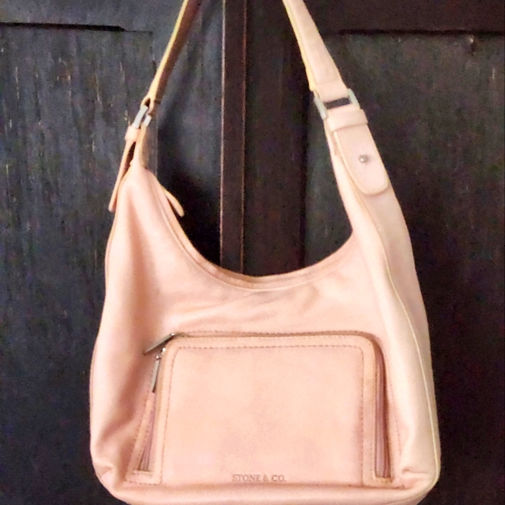 STONE AND CO BLUSH LEATHER SHOULDER BAG 8" STRAP DROP MEASURES 12", 8" H,  2" D